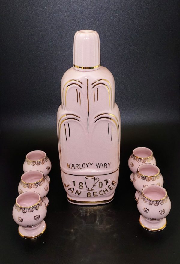 Conjunto botella licor  más vasitos porcelana rosa